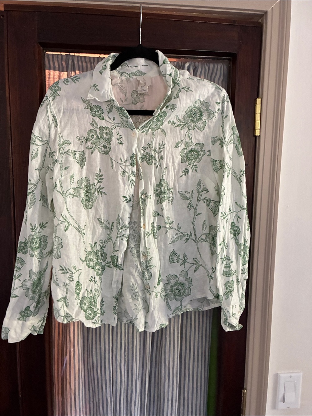 Joie Cream Linen Button-Down Shirt with Green Floral Print